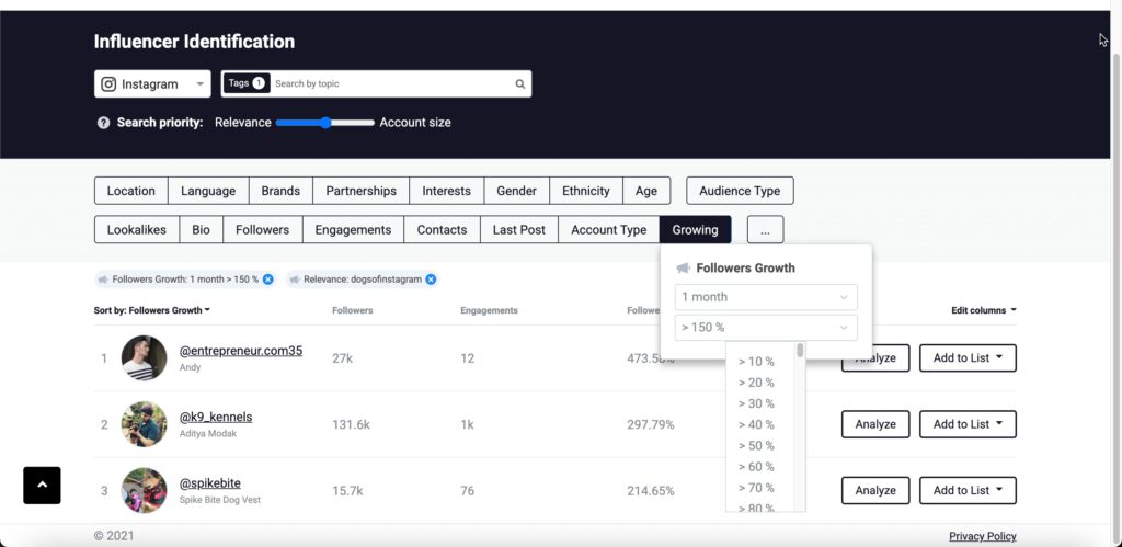 platform growth percent follower